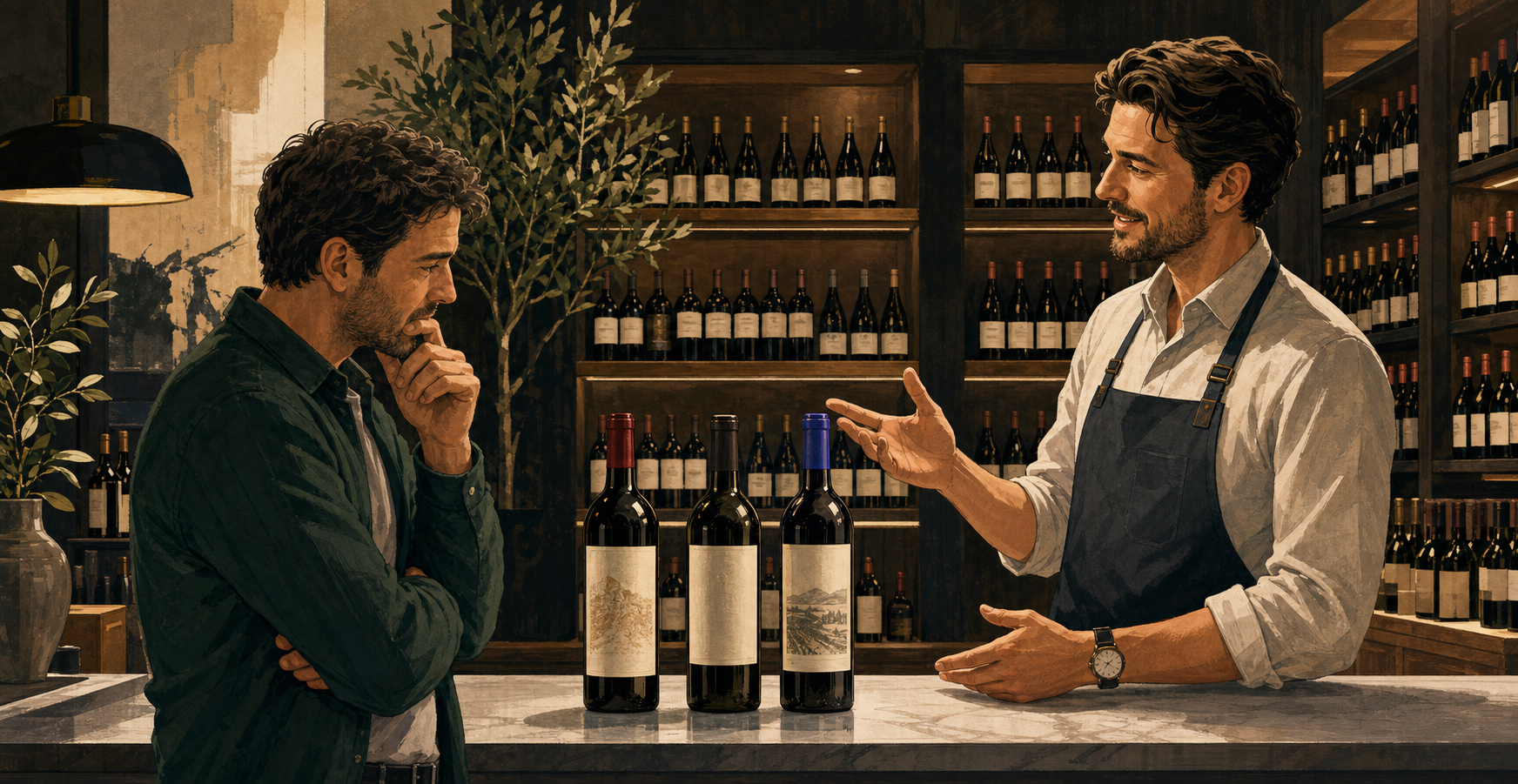 A skilled wine advisor helping a male shopper choose between three bottles in a wine store