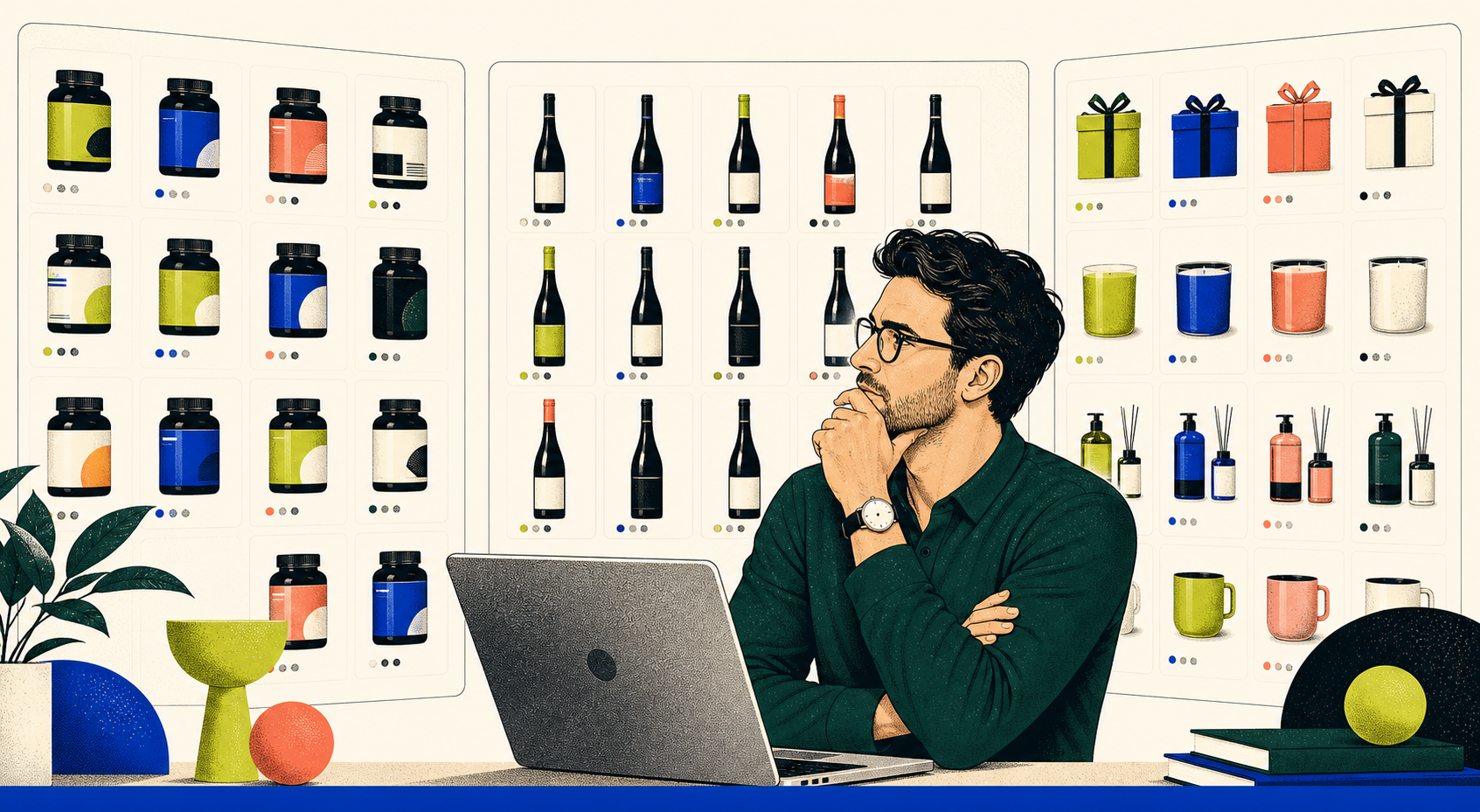 A male ecommerce shopper thinking while facing walls of similar supplements, wine, and gift products